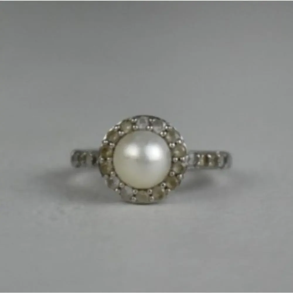 925 Sterling Silver Pearl & Colorless Spinel Ring Size 7